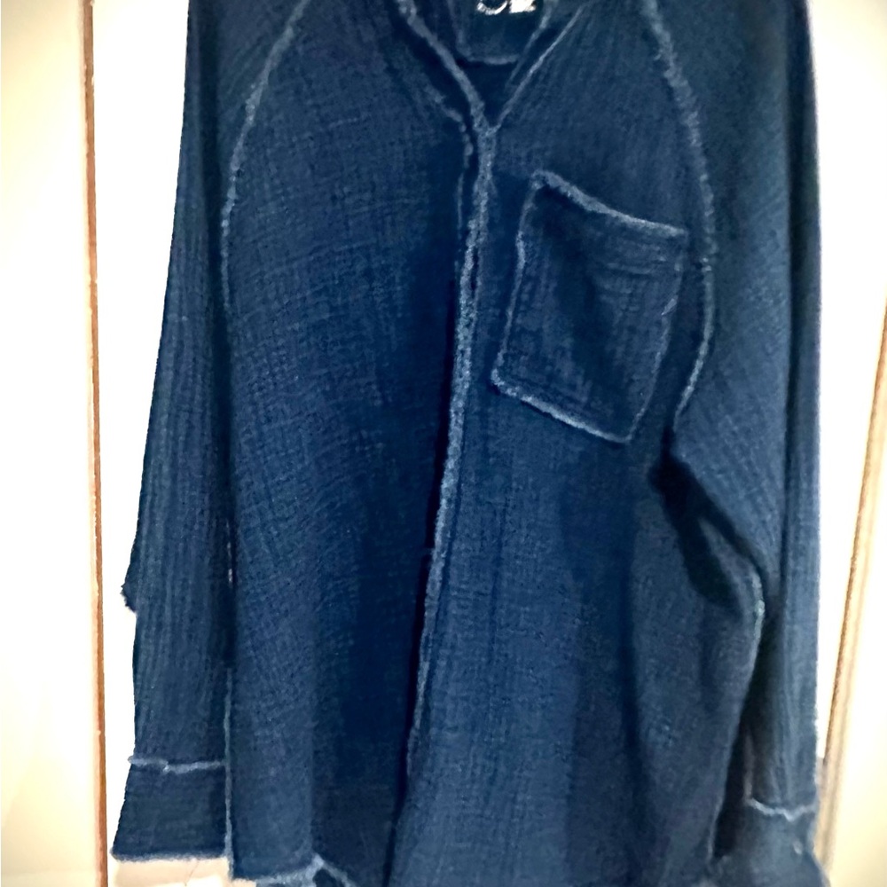 AERIE Button Down Raw Hem Shirt or Swim Cover Dark Denim Blue Size Medium